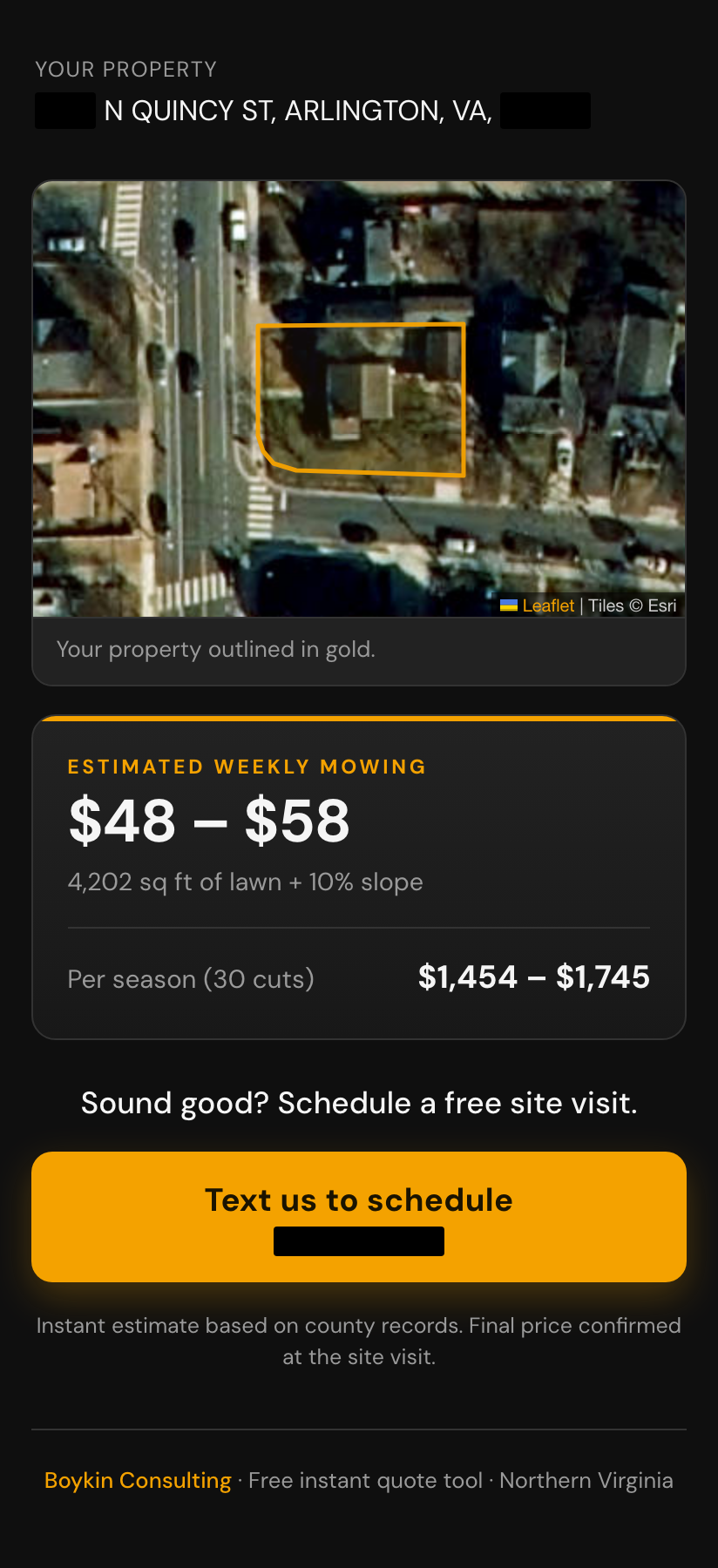 Quote results: $48 to $58 estimated weekly mowing for a 4,202 sq ft lawn with a 10 percent slope adjustment, $1,454 to $1,745 per season, and a 'Text us to schedule' button.
