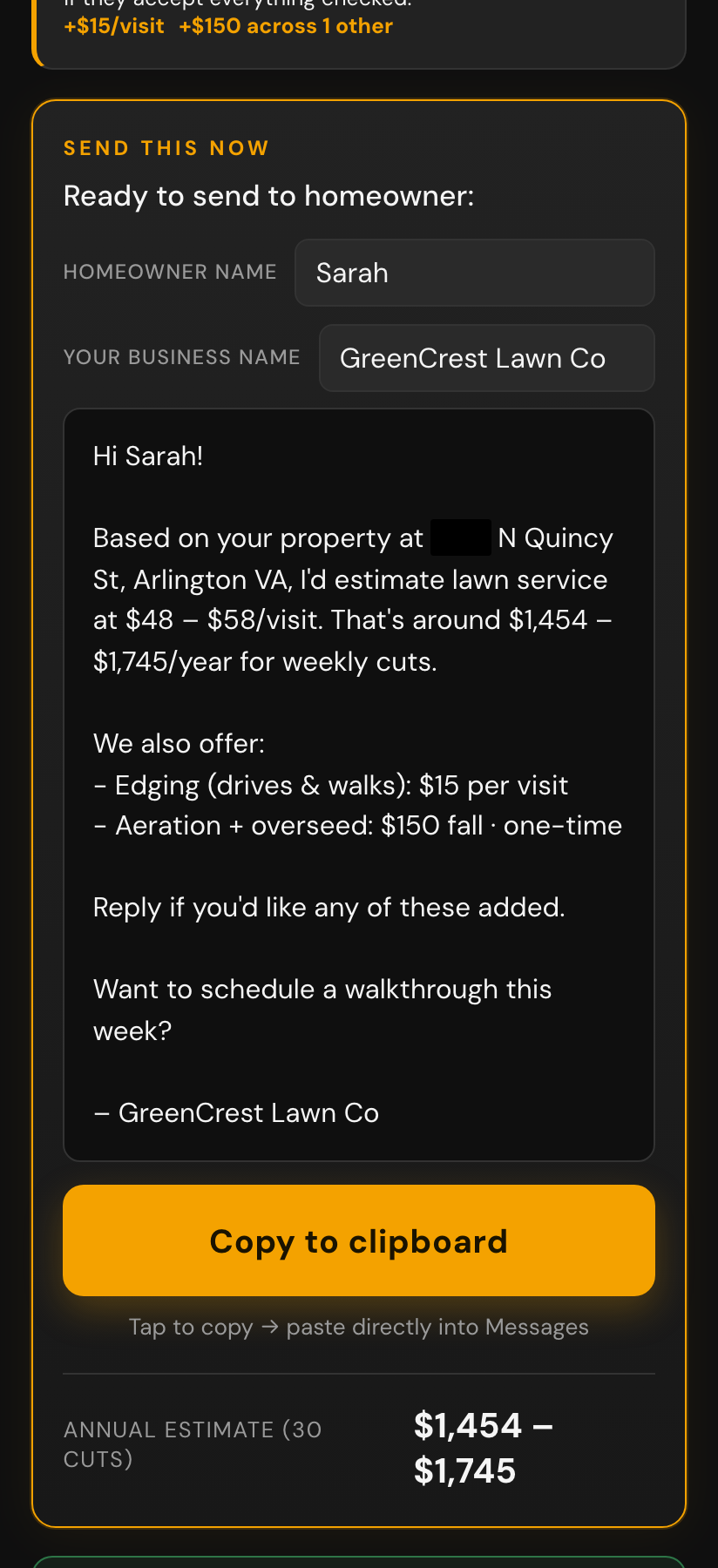 An SMS template addressed to Sarah, quoting service at $53 to $63 per visit on 1801 N Quincy St in Arlington, with an annual estimate of $1,604 to $1,895, signed GreenCrest Lawn Co, with a 'Copy to clipboard' button.